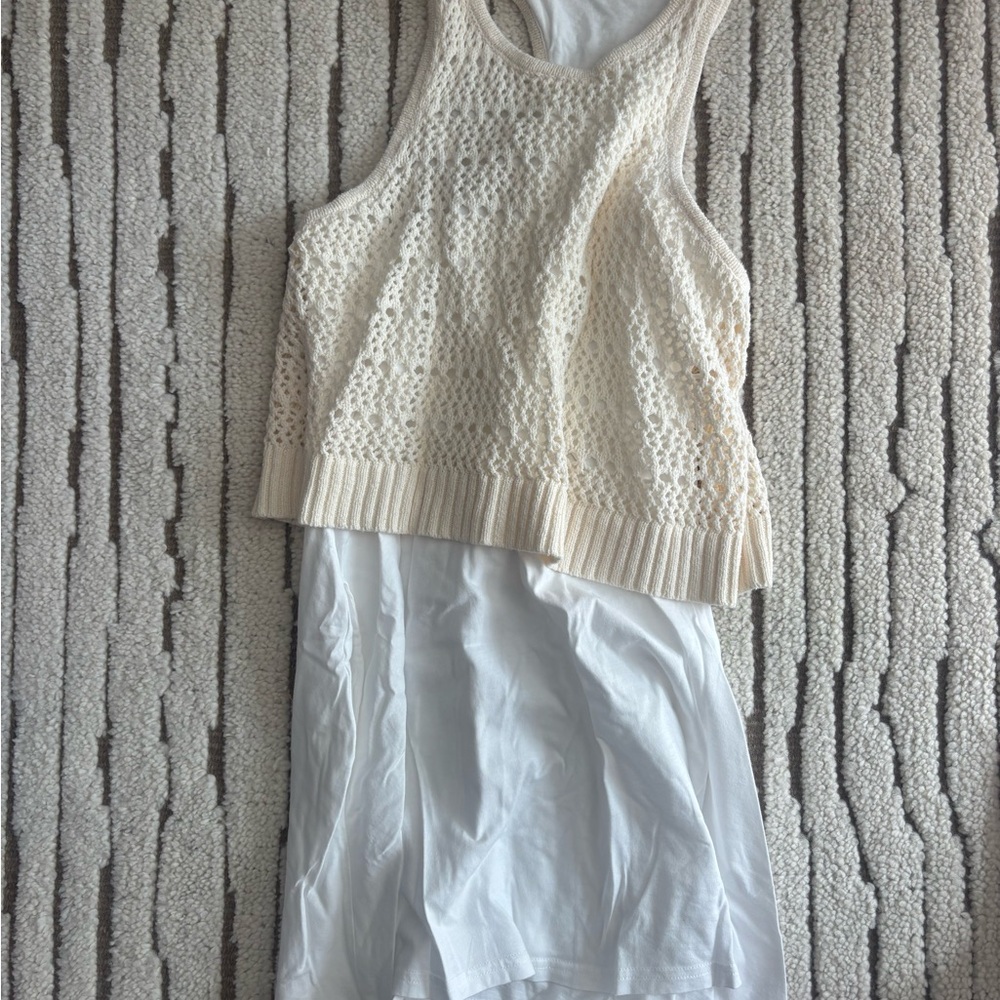 Cream Crochet Tank Top with long white tank